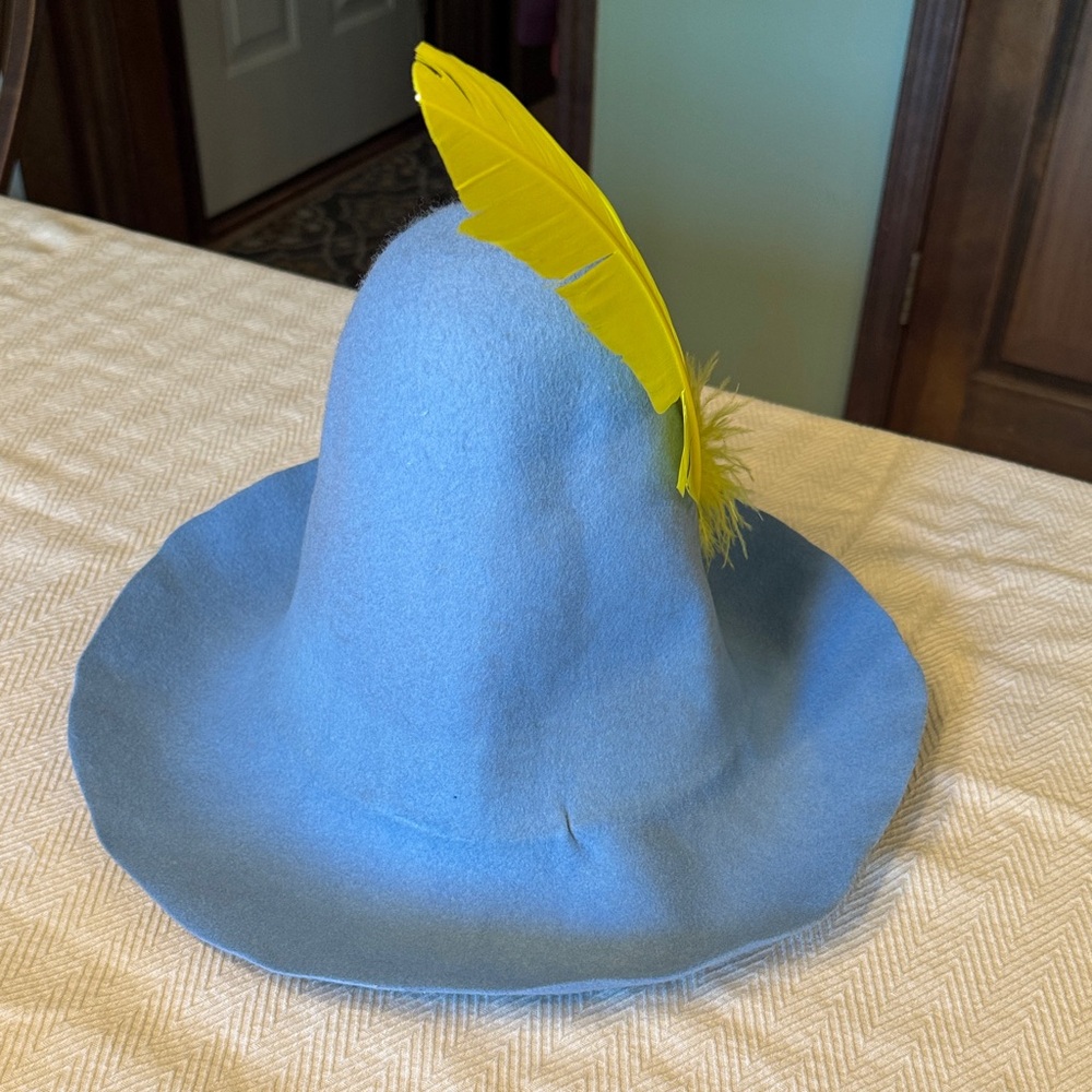 Blue Felt Hat with Yellow Feather